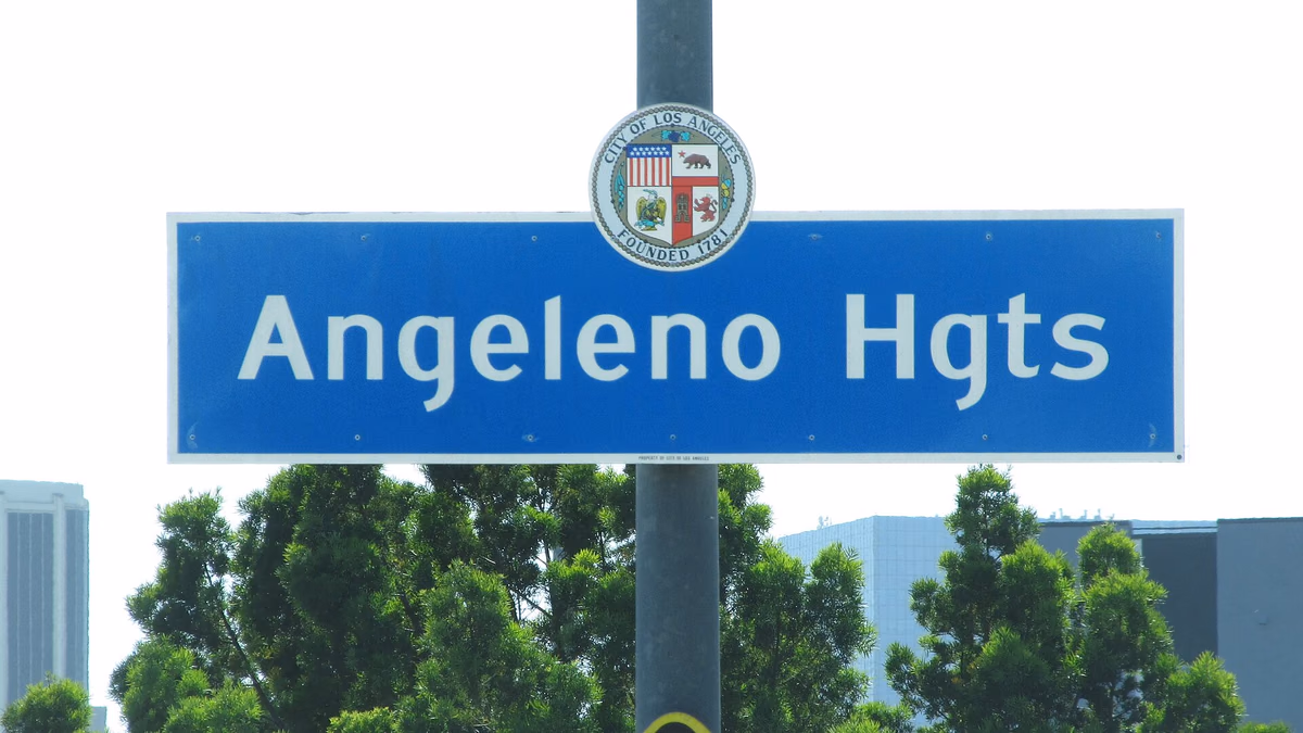Angeleno Heights Neighborhood Sign located on Beaudry Avenue on the south side of Sunset Boulevard