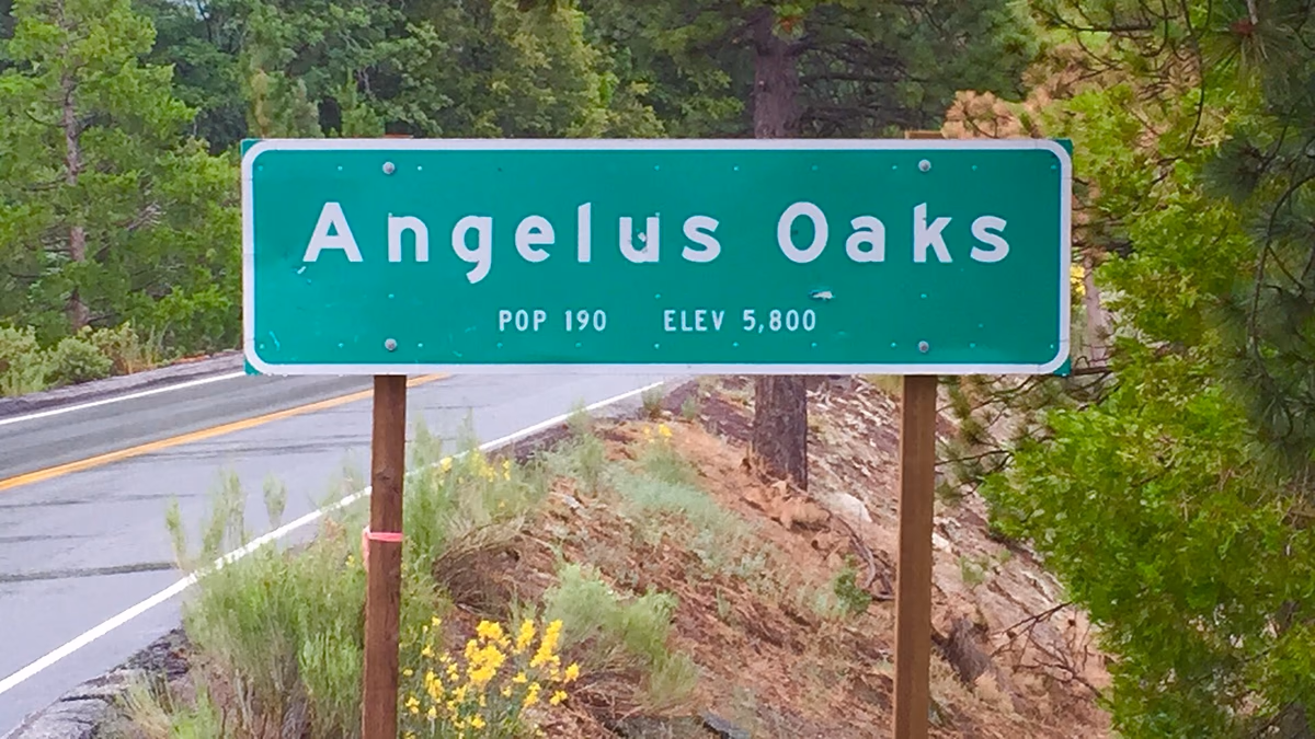 The city limits sign for Angelus Oaks, California.