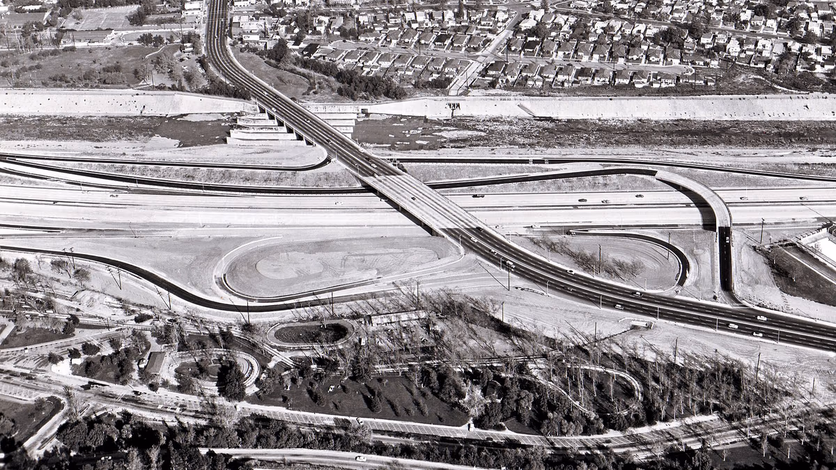 I-5 Golden State Freeway in foreground. (California Department of Public Works photo.)