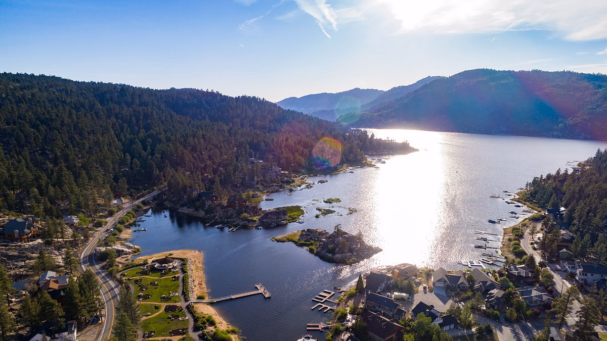 Harbor area near Big Bear Lake with road and docks