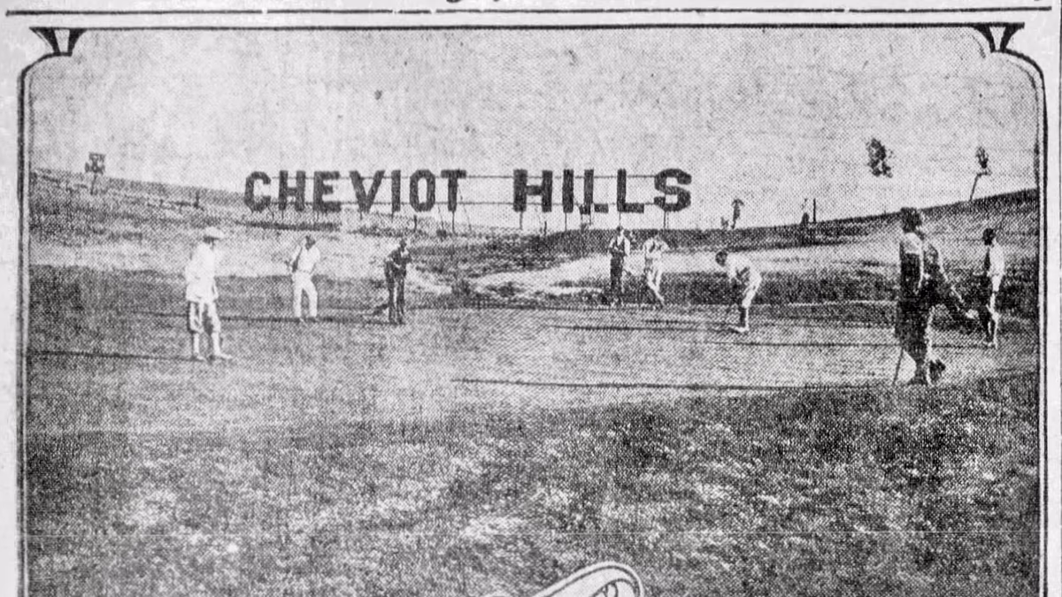Cheviot Hills sign at Rancho Park Country Club - "Cheviot Hills" Los Angeles Evening Express, November 17, 1923