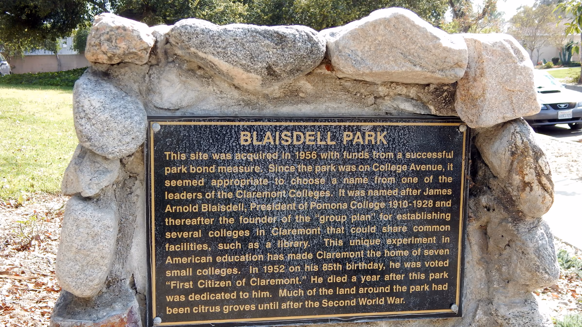 dedication plaque for James A. Blaisdell Park, Claremont, California, USA
