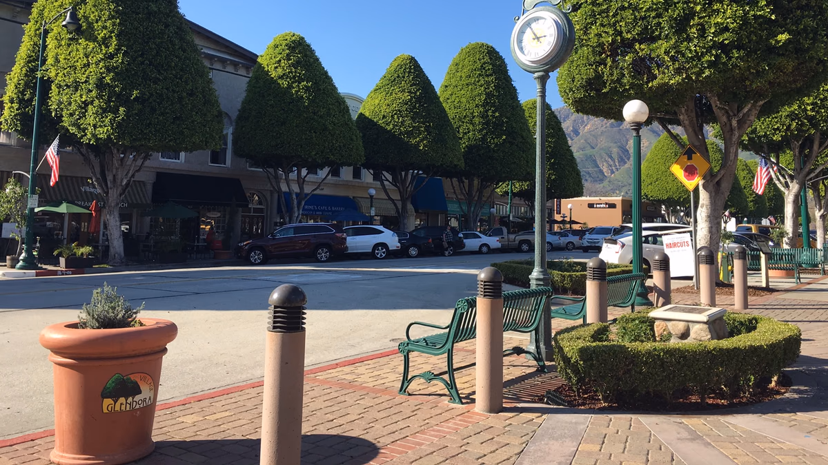 Quaint downtown Glendora with its famous Ficus trees.
