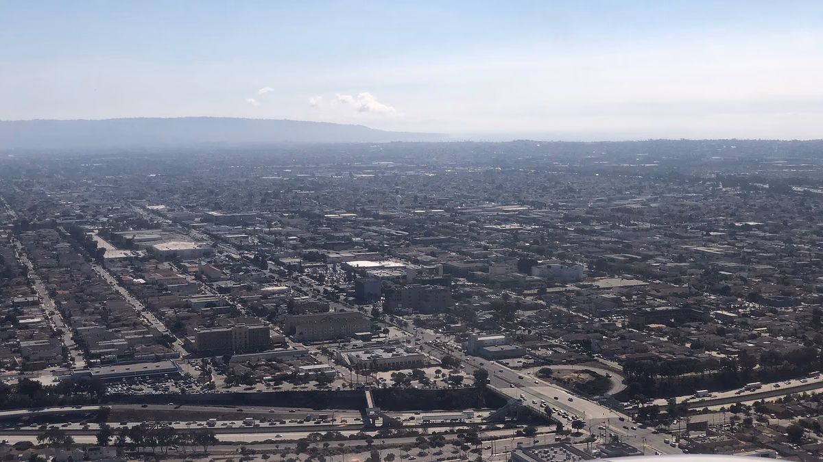 View southwest across Hawthorne, Los Angeles County, California from an airplane heading toward Los Angeles International Airport