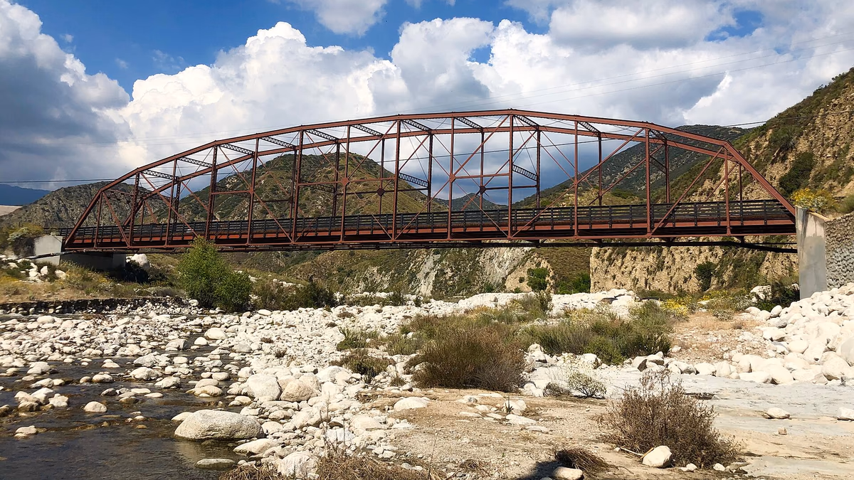 Santa Ana River Bridge overlooking the river in East Highlands, California.