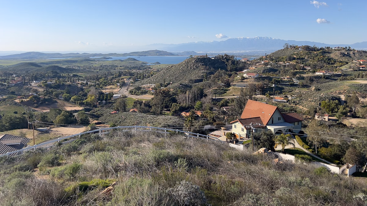 Lake Mathews, California; remote view of snowcapped Mount Baldy