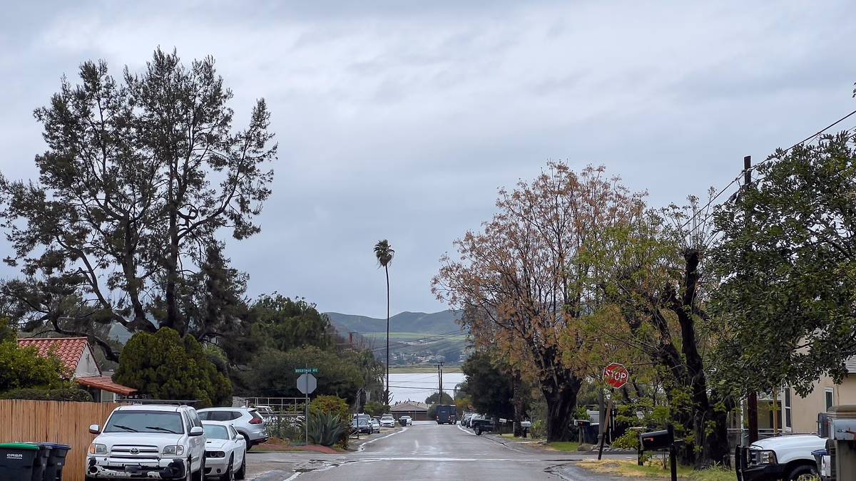 Rainy Day in Lakeland Village, California. Lake Elsinore is in the background.