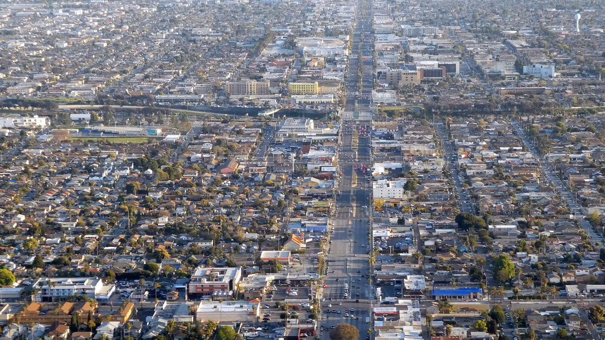 Aerial view of Hawthorne Boulevard in Lennox in April 2024