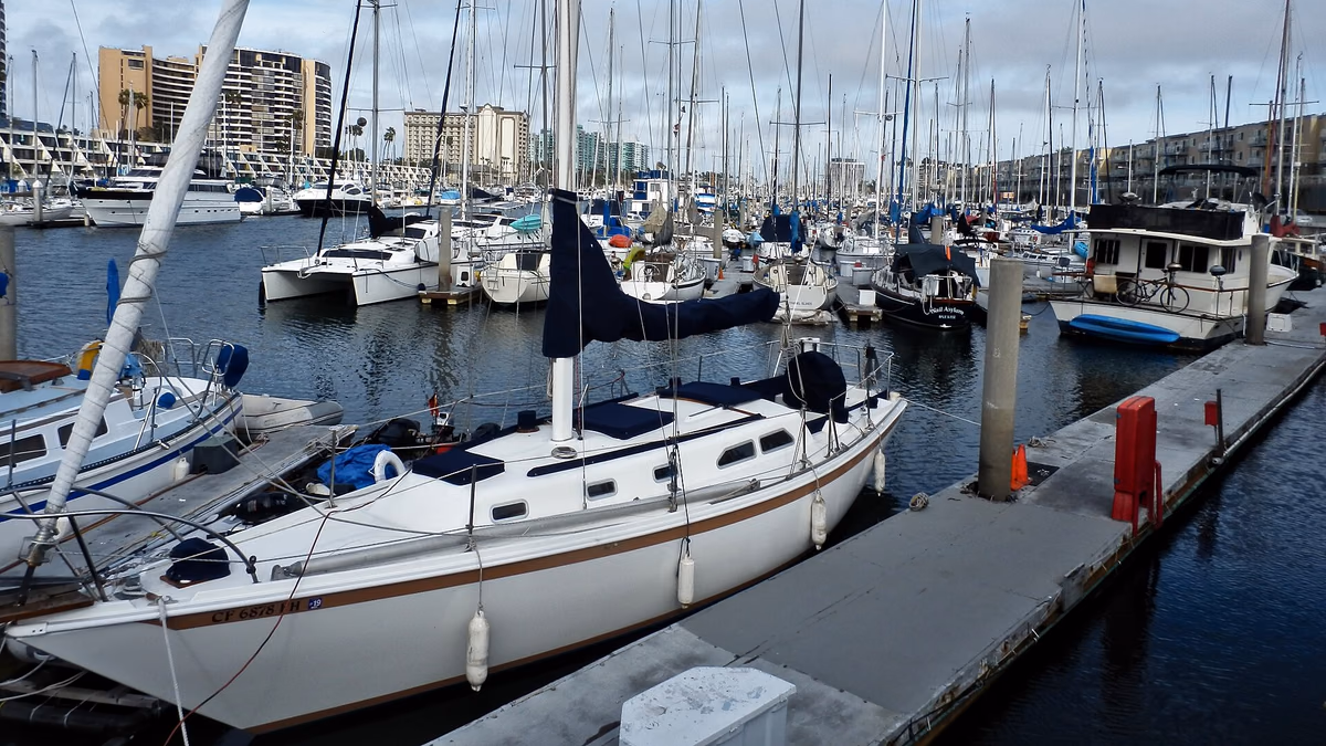 A sloop in a boat slip at Marina del Rey, Los Angeles County, California