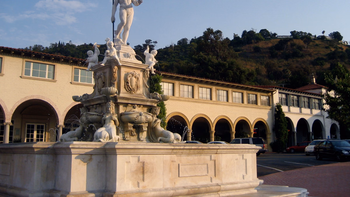 1920s fountain with statue of Neptune, at Malaga Cove Plaza — in Palos Verdes Estates, on the Palos Verdes Peninsula , Southern California.