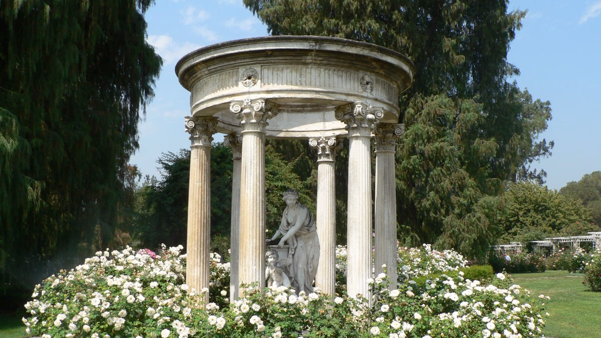 Neoclassical "Temple of Love" pavilion, gardens, and entrance pathway to Rose Garden. At the Huntington Gardens , Southern California .