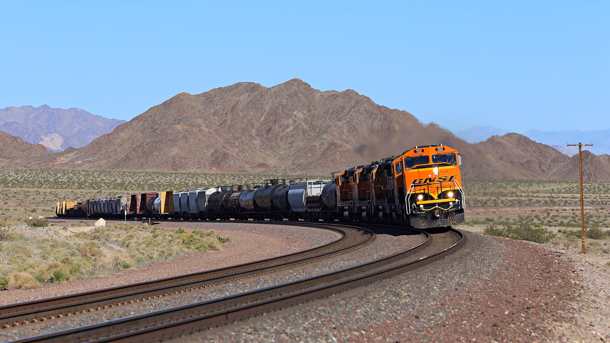 Five GP60s lead the westbound Cadiz Local through an s-curve in the Mojave Desert near Siberia.