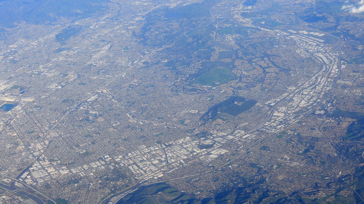 Aerial view looking ENE toward east City of Industry, California (lower left) and South San Jose Hills (upper right).