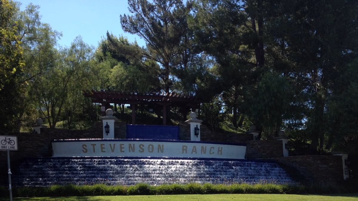 Fountain at entrance to Stevenson Ranch — census-designated place in the Santa Clarita area, Los Angeles County, California.