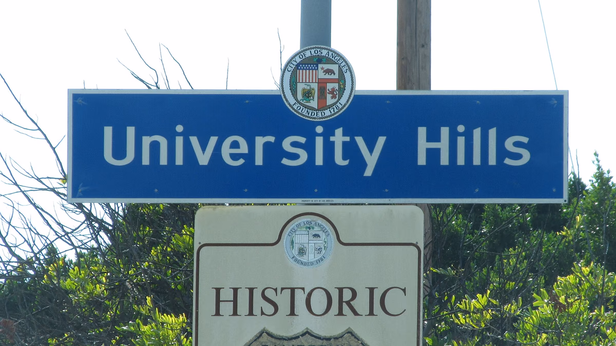 University Hills Neighborhood Signage located at the intersection of Valley Boulevard and Highbury Street