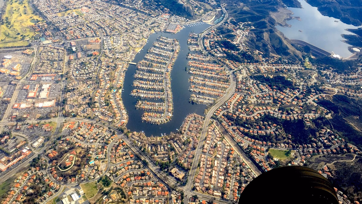 Aerial of Westlake Lake and surrounding Westlake Village, CA.