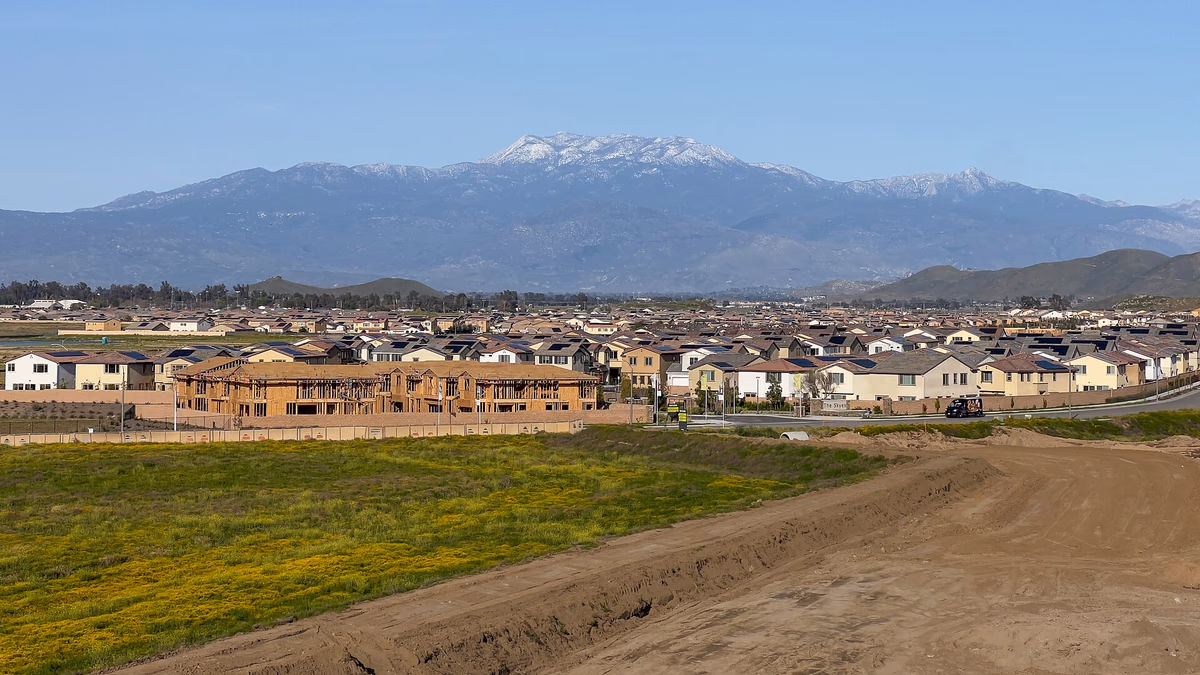 Winchester, California Homes Under Construction. San Jacinto Mountains line the background.