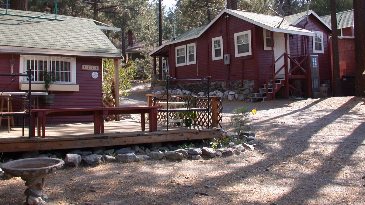 Wood cabin houses in Wrightwood , CA , USA .
