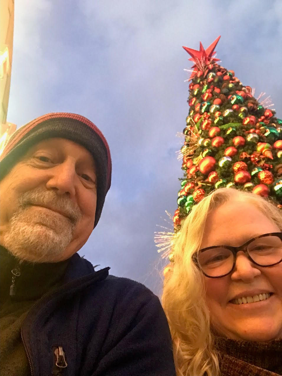 A man and women in front of a large decorated Christmas tree at evening time.